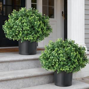Set of 2 Artificial Boxwood Topiary Ball Trees for Front Door - Realistic Faux Aglaia Odorata Bush with Pot, Fake Eucalyptus Leaves Potted Plants for Porch Farmhouse Outdoor Decor (Green)