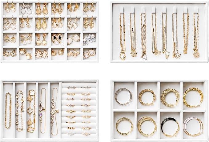 Velvet Jewelry Drawer Organizer Trays – Large White Stackable Jewelry Storage Inserts Set, 4Layer Jewelry Tray Set for Earrings, Rings, Necklaces, Bracelets with Removable Dividers for Dresser,Vanity
