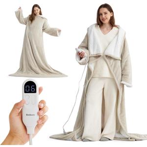 Bedsure Wearable Heated Blanket with Foot Pocket - Electric Snuggle Blanket for Adult with Sleeves, Winter Gifts for Mom Women Girlfriend, Warm Sherpa Heating Throw, Auto Shut Off, 50 x 71+18", Cream