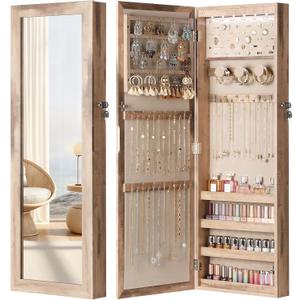 Nicetree 6 LEDs Mirror Jewelry Cabinet, Large Capacity Lockable Jewelry Armoire Organizer, Door or Wall Mounted Mirror with Jewelry Storage,Toasted Oak