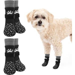 SCENEREAL Anti Slip Dog Socks to Prevent Licking Paws, Dog Shoes for Hot/Cold Pavement, Paw Protector Traction Control on Hardwood Floor, Dog Shoes Booties for Puppy Small Medium Large Senior Dogs (XS(Pack of 4), Classic Style-Black)