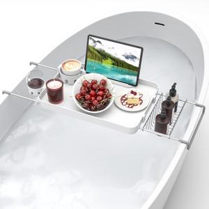 Bathtub Tray for Large Soaking Tub Table Tray Expandable Tub Shelf for Bathtub Caddy Bath Shelf Over Tub Luxury Bath Board Book Holder with Removable 2 Cup Holder Phone Metal Shower Caddy Basket White