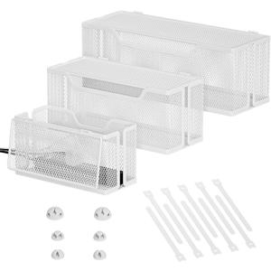3 Pack Cable Management Box, Metal Mesh Cord Organizer Box for TV Wires, Electrical Hiding, Power Strip  Under Desk Cable Storage Box with Cable Clips&Reusable Cable Ties for HomeOffice - White