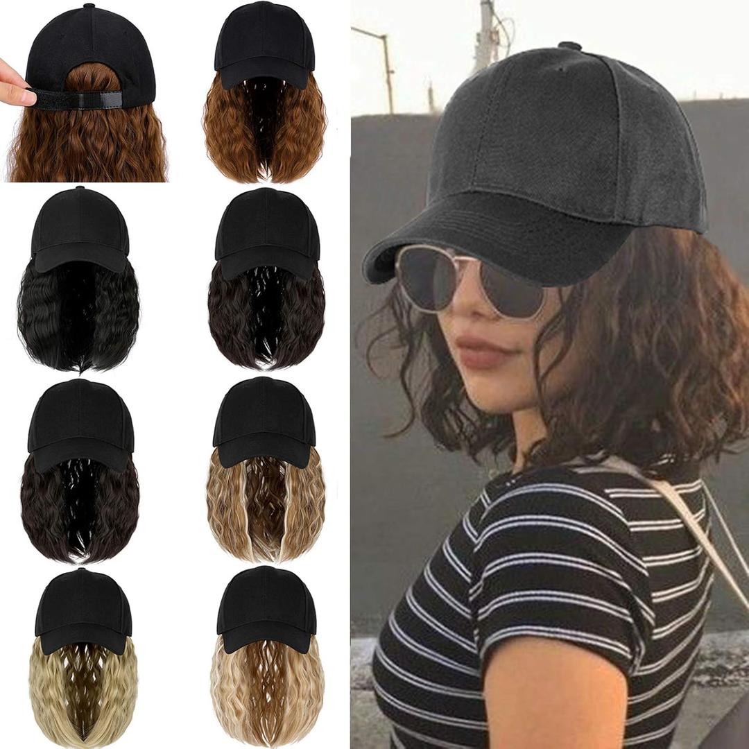 Qlenkay Baseball Cap with Hair Extensions 14inch Wavy Curly Bob Hairstyle Adjustable Wig Hat Attached Synthetic Hairpiece for Woman Dark Brown
