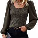 HEYTALALA Womens Puff Long Sleeve Tunic Tops Button Down Square Neck Blouse Loose Fit Basic T Shirt Elegant Tee Shirts, L