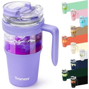 Tronco 32oz Glass Tumbler with Straw and Lid, Leakproof 2-in-1 Sip and Flip Straw Lid, Glass Water Bottles with Handle, Fit in Cup Holder, BPA Free, Dishwasher Safe (Purple)