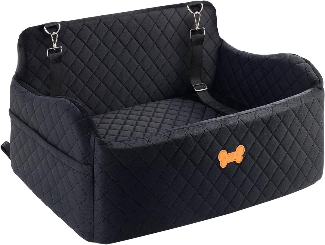 Car Seat for Large Size Dog, Booster Seat for Dogs Under 55 lbs or 2 Small Dogs, Soft Car Dog Bed Filling in Thick Memory Foam with 2 Safety Leashes and Storage Pocket (Black)