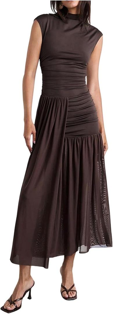 Milumia Women's Ruched Mock Neck Cap Sleeve Mesh Dress Layered Side Slit Long Party Dresses, Large