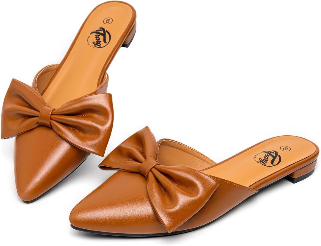 Trary Mules for Women Flats, Pointed Toe Womens Mules with Heels, Black Mules Shoes for Women, Bow Mules Women's Flats, Slip On Flats Flat Mules, Backless Loafers for Women, Women's Mules & Clogs (11, Pu-brown)