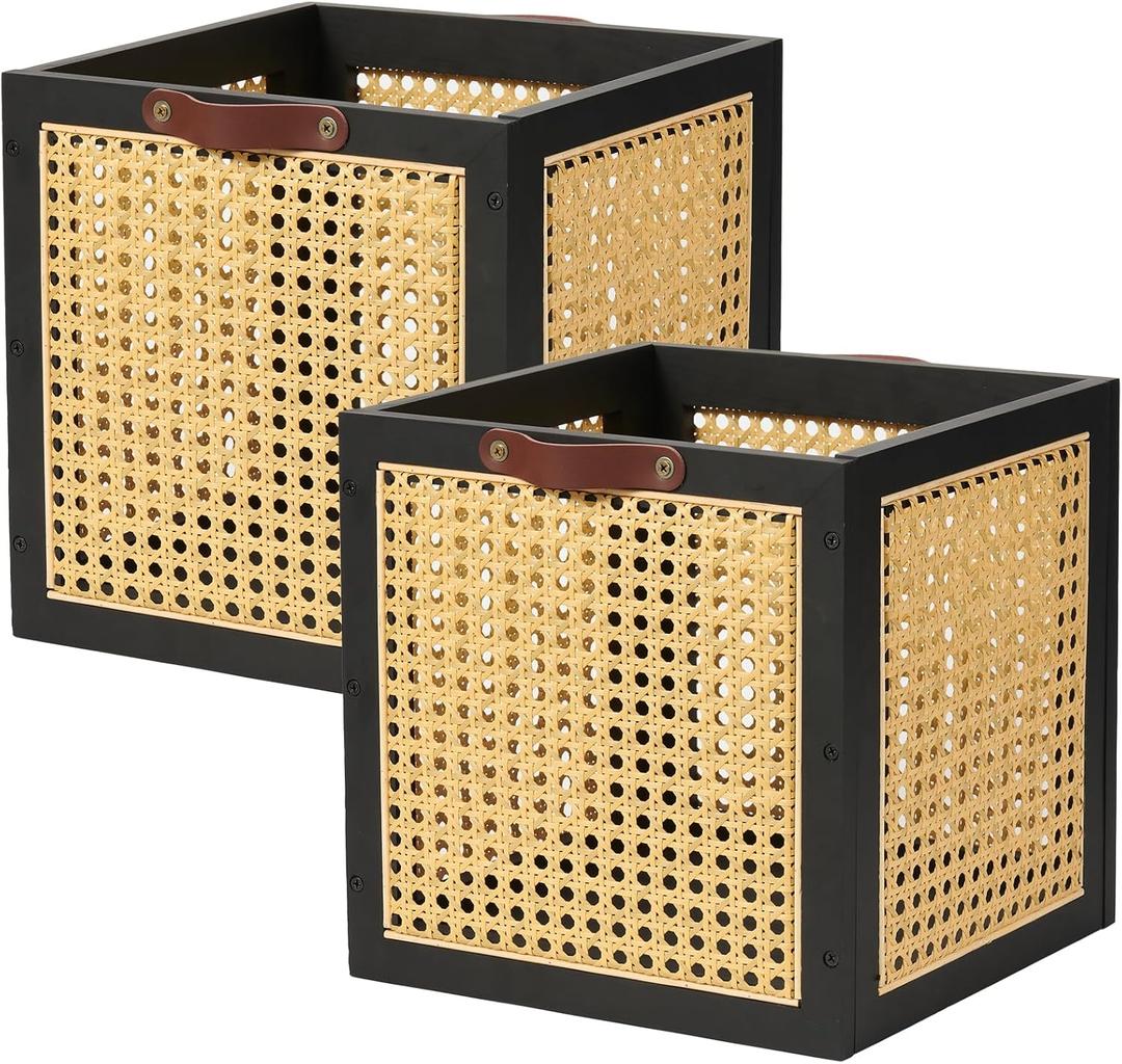VinneGenzz 2PCS Rattan Storage Cubes Wooden Storage Baskets Boxes Decorative Natural Handmade Bohemian Solid Wood Woven Wicker Cane Bin Closet Shelf Clothes Organizer Books Magazine Holder (Black) (Set of 2 ( 10.8 In ))