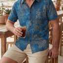 Mens Hawaiian Shirt Short Sleeve Breathable Aloha Beach Shirts for Men Summer Vacation Button Down, Retro Floral (Blue, L)