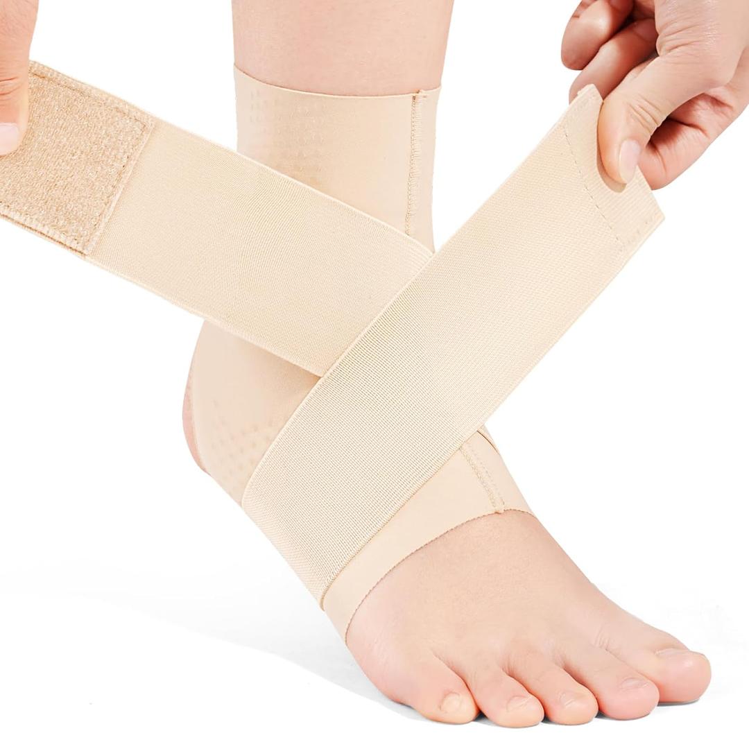 Elastic Ankle Brace for Women&Men - Thin Lightweight Silky Compression Sleeves with Wraps for Plantar Fasciitis Sprained Ankle Injury Relief, Sports, Running (Small, Nude)