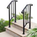 2 Step Handrails for Outdoor Steps, Fit 1 or 2 Steps Outdoor Stair Railing for Concrete Steps, Black Wrought Iron Railing, Exterior Hand Railing for Steps Adjustable Metal Hand Rails for Deck Porch