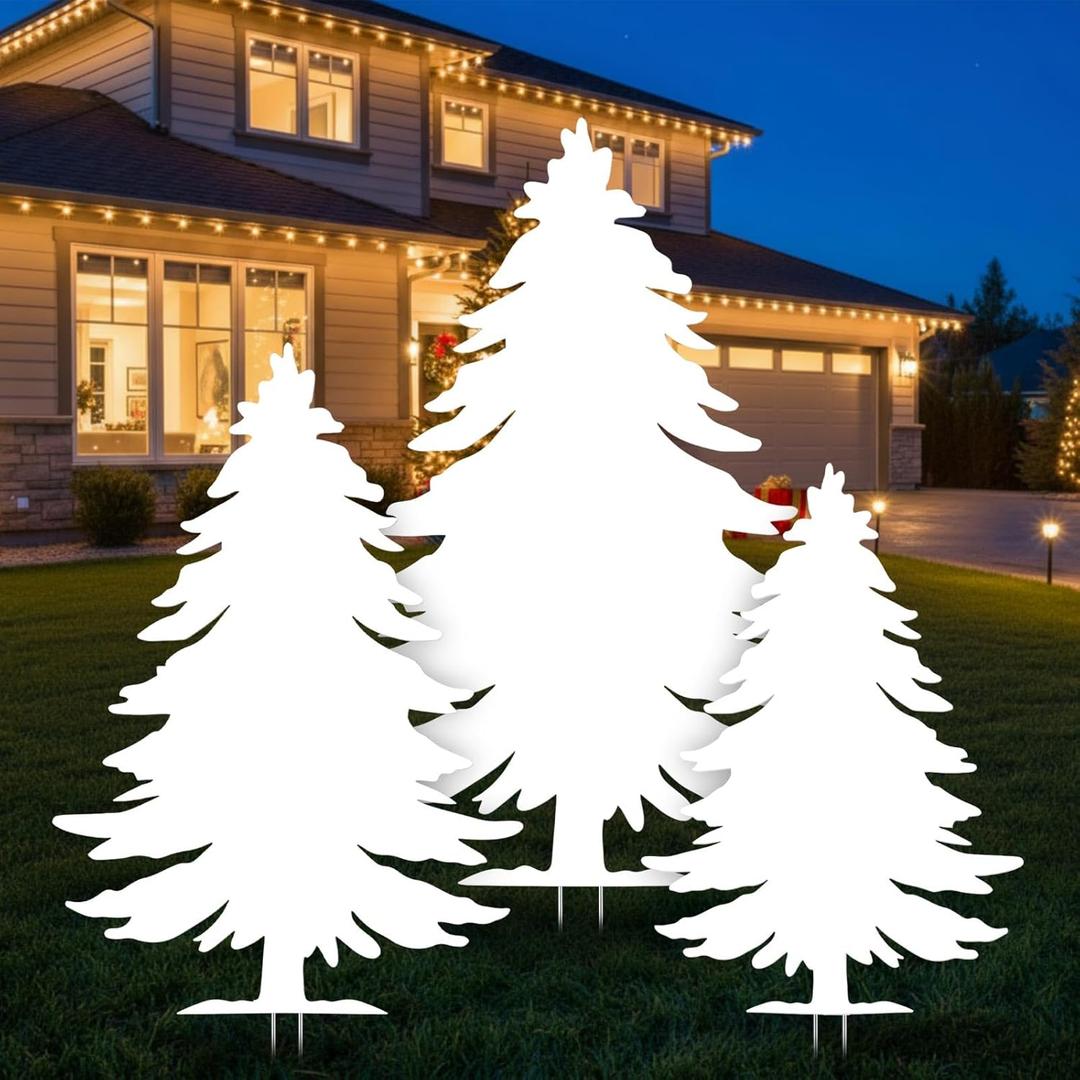 3-Piece Christmas Tree Silhouette Set 47 Inch Christmas Tree Yard Decoration Outdoor Weather-Resistant PVC Xmas Outside Decor for Lawn Garden Pathway Display with 6 Ground Stakes
