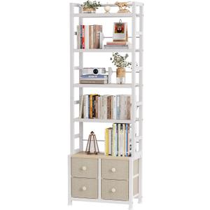 5 Tier Bookshelf, Modern Bookcase with Bookends and 4 Drawers Storage Organizer, Metal Industrial Display Shelf, Free Standing Storage Shelving Unit for Bedroom, Living Room and Home Office, X-Large