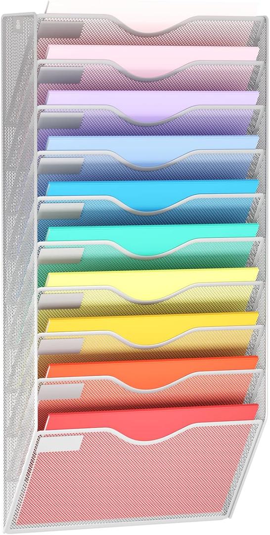 10 Pockets Mesh Hanging Wall File Holder Organizer Wall Mounted Paper Magazine Rack, Silver