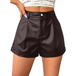 Avanova Women Faux Leather High Waisted Shorts Pleated Casual Summer Shorts (Brown, L)