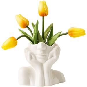 Large Ceramic Face Vase, White Flower Vases for Decor Female Form Head Half Body Vase Boho Unique Decorative Modern Style for Home Living Room Office Book Shelf (Large)