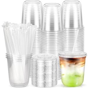 100PCS 12 oz Disposable Plastic Cups with Flat Lids and Clear Straws, Round Bottom To Go Iced Coffee Cups, Small Sturdy Drink Cups for Soda, Smoothies, Cold Beverage, Juice Bars, Takeout, Office