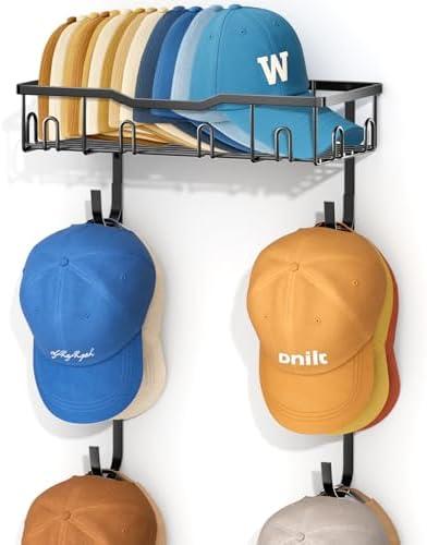AOODA 40 Caps Hat Rack for Wall, Metal Hat Organizer Storage for Baseball Caps with Shelf and 4 Hooks Design, Hanging Cap Holder Hanger for Closet, Bedroom (Black)