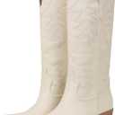 Erocalli Women's Mid-Calf Cowgirl Cowboy Boots Pull On Snip Toe Chunky Heel Western Boot (White)