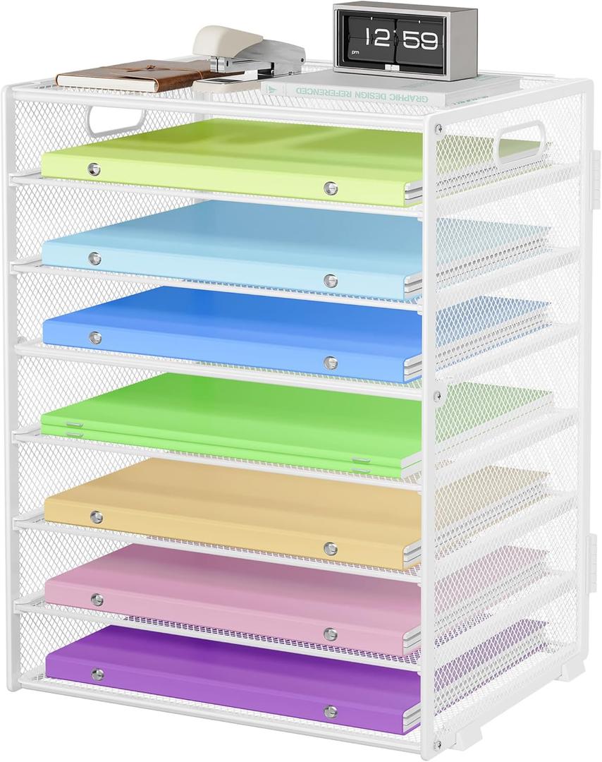 Biciyarn 8 Tier Paper Organizer with Handle, Metal Mesh Desk File Organizer, Large Capacity Desk Organizers Paper Letter Tray Desktop Document Sorter for Office, Home or School - White