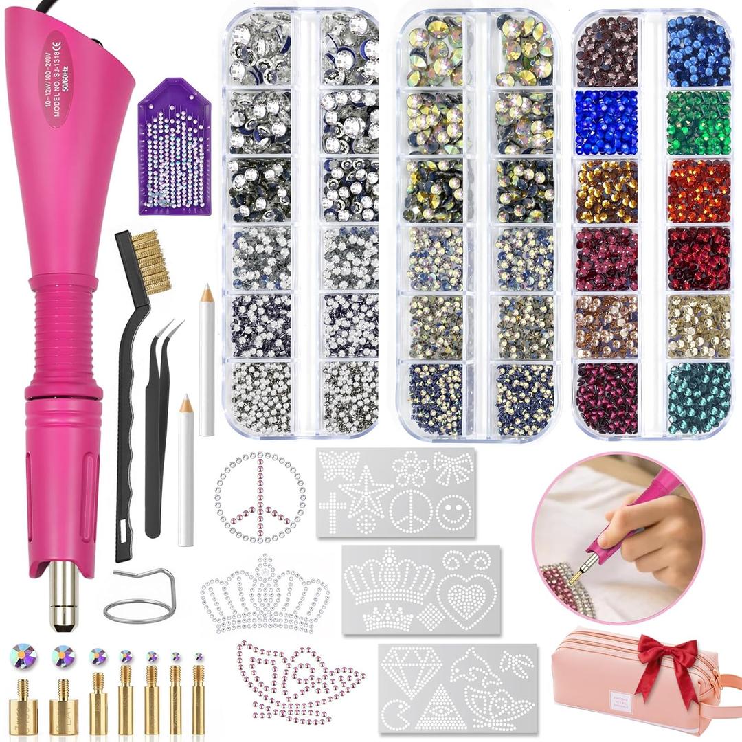 Hotfix Rhinestones Applicator Kit with 4600 Crystals (White/AB/12-Color) & 19 Pattern Templates - Bedazzler Craft Kit Includes Tweezers, Storage Bag for Clothes, Party Costumes DIY Accessories (Pink)