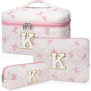 Initial Makeup Bag Set, Personalized Quilted Makeup Bag, Large Floral Cosmetic Bag for Women, Cute Cotton Custom Make up Bags, Flower Travel Toiletry Bag Teen Girl Gift Pink Butterfly K