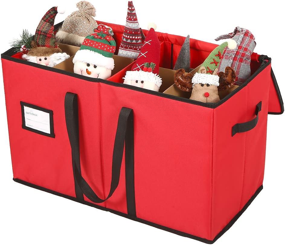Sattiyrch Christmas Figurine Storage Box & Nutcracker Storage Container, 600D Canvas,Keeps 8 Holiday Figurines,15 Inches,Adjustable Area & Pockets for Decorations