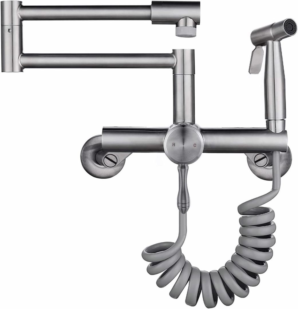 Wall Mount Kitchen Sink Faucet 4"/6"/8" Center, Folding Commercial Faucet, Pot Filler Faucet with Side Sprayer