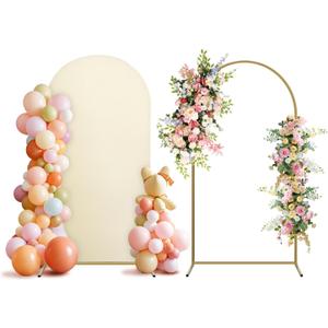 Arch Backdrop Stand and Cover Set, Metal Balloon Arch Backdrop 6ft, Gold Arched Stand Frame for Wedding, Parties,Birthday, Backdrop Decorations (Beige,6ft)