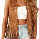 Women Western Tassels Vest Tops 70s Hippie Faux Suede Fringe Vests Jacket Cardigan Open Front Rodeo Cowgirl Shirt (Brown)