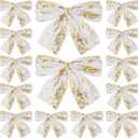 Soulchen 12 Pcs White and Gold Christmas Bows 6 Inch Ivory Faux Fur Wired Ribbon Bows for Christmas Tree Decoration, Garlands and Wreaths, Gift Wrapping, DIY Crafts, Home Decor