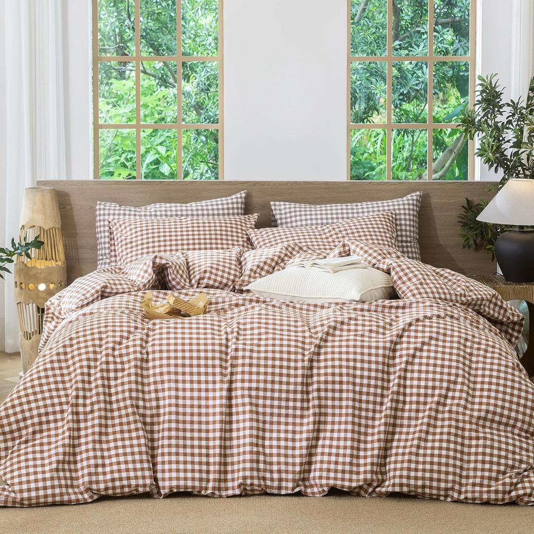MooMee Gingham Duvet Cover Set 100% Washed Cotton Linen Like Textured Breathable Durable Soft Comfy Modern Checkered Design (Dark Orange Gingham, Queen 90"x90")