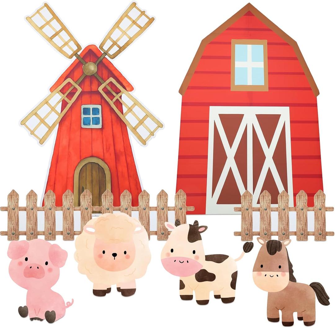 Honoson Large Farm Cardboard Cutouts Sets, Red Farm Party Decoration Farmhouse Backdrop Stand, Yard Signs for Baby Shower Birthday Rustic Party Supplies Photo Props(Cute Animal)