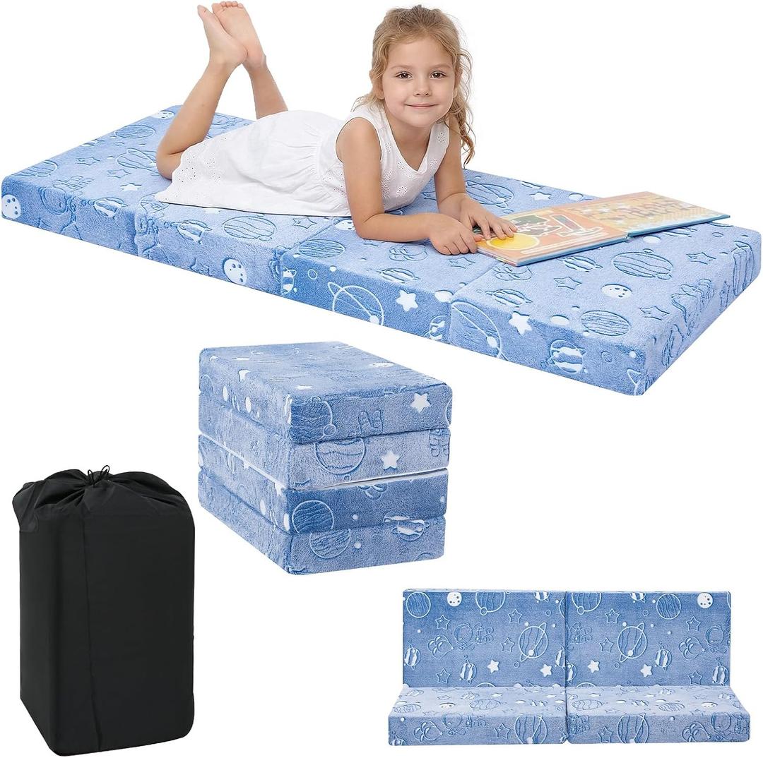 MeMoreCool Kids Folding Mattress, Trifold Mat Foldable Floor Mattress for Kids, 63x26 Tri Fold Floor Mat with Washable Cover and Carry Bag, Portable Floor Mat for Sleepover Daycare, Blue Astronaut
