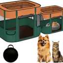 Portable Cat Playpen with Separate Areas, 2-in-1 Puppy Playpen & Cats Cage, Foldable Pet Tent for Indoor and Outdoor Use, Collapsible Tent Kennel Cage House(35.4"x27.6"x27.6", Orange & Green)