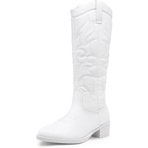 Vepose Women's Embroidered Knee High Western Low Heel Cowboy Boots | Round toe, inside zipper, pull tabs, memory foam cushioning, breathable lining, non-slip rubber outsole for daily looks (White), 8