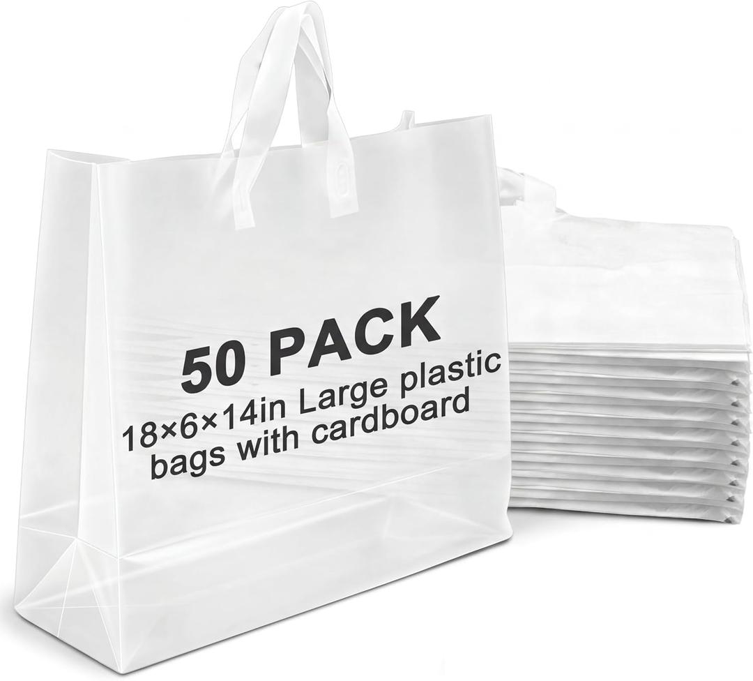 50 Pcs 18" x 14" x 6" Large Plastic Frosted Shopping Gift Bags for Small Business with Handles Reusable Packaging Clear Gift Merchandise Bags for Retail Shops Trade Show