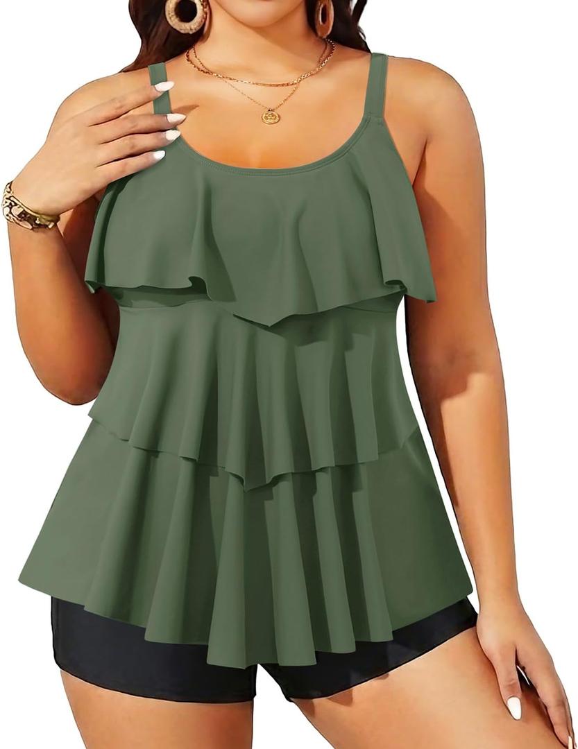 Yonique Plus Size Tankini Swimsuits for Women Two Piece Ruffle Swimsuit | High Waist Shorts, 3-Layer Ruffle, Removable Cups, Adjustable Straps (S)