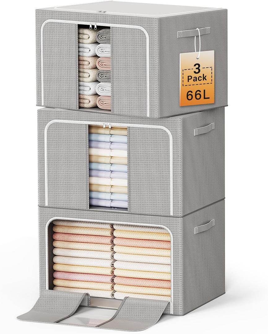 Clothes Storage Bins with Metal Frame Foldable Storage Box Clothes Organizers Storage Containers for Clothes Sheets Blankets Books Toys Gifts and Holiday Decorations (66Lx3 Pack)