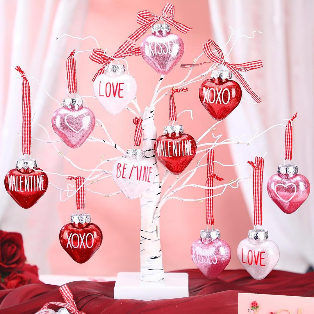 Jutom 12 Pcs Valentine's Day Heart Ornaments for Small Tree Heart Shaped Hanging Ornaments Baubles Painted Kiss Hug Pendant Valentines Hanging Decorations for Party (Red,White,Pink)