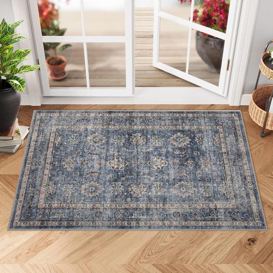 GarveeHome 2x3 Machine Washable Small Rugs for Entryway Entrance Non-Slip Vintage Doormat Indoor Soft Throw Rugs Low-Pile Bathroom Mat for Bedroom Living Room Kitchen Denim
