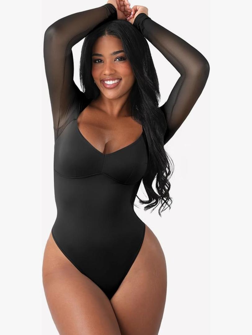 FeelinGirl Long Sleeve Bodysuit for Women Sexy Mesh V Neck Body Suits Thong Corset Top Going Out Outfits for Party XL