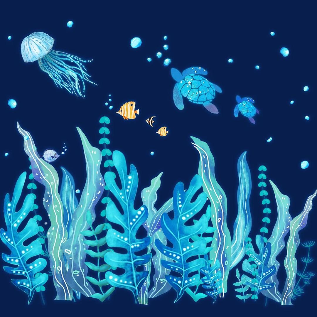 Tenare 5 Sheets Ocean Sea Turtle Wall Decals Stickers Under The Sea Stickers Grass Jellyfish Fish Removable Vinyl Decal for Bedroom Bathroom Nursery Room Wall Decor(Blue Glow Style)