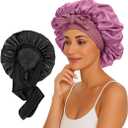 2 Pcs Large Satin Silk Bonnet for Sleeping Women, Adjustable Hair Bonnets for Sleeping with Tie Band, Silk Bonnet Sleep Cap for Curly Hair Long Braids (Black+Rose Pink)