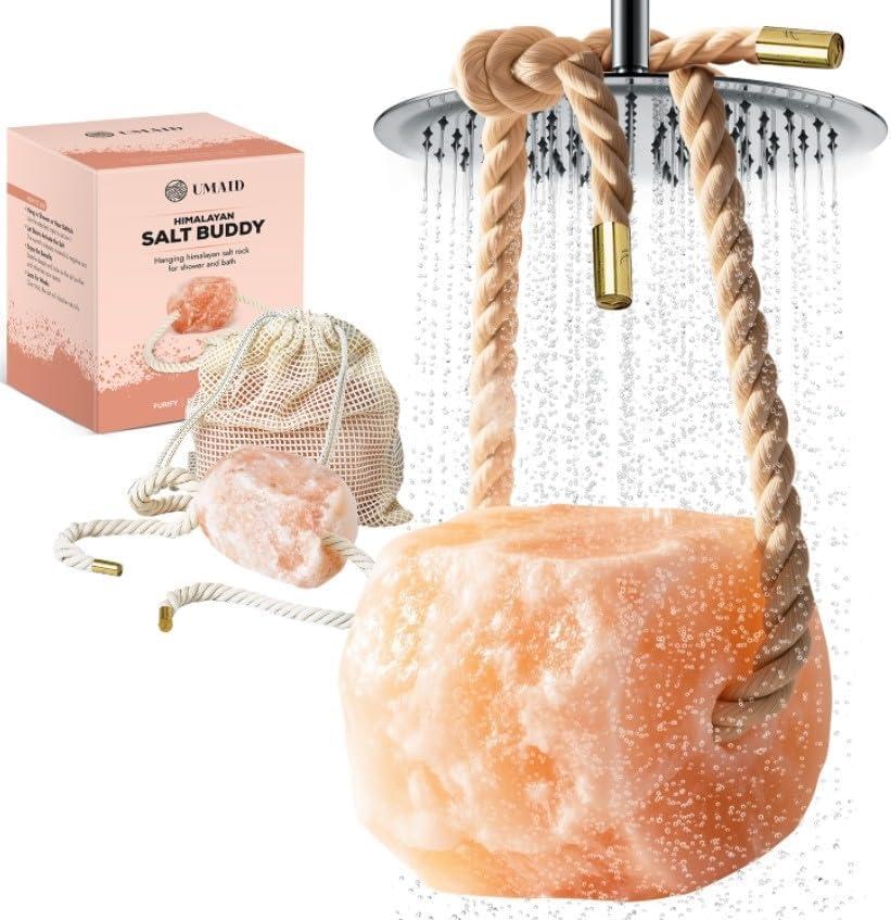 UMAID Himalayan Bath Salt Buddy 4 lb – Hanging Mineral Salt Rock for Shower & Bath, Solid Pink Himalayan Stone for Natural Steam, Relaxation & Spa-Like Self-Care, Unique Gift for Men & Women