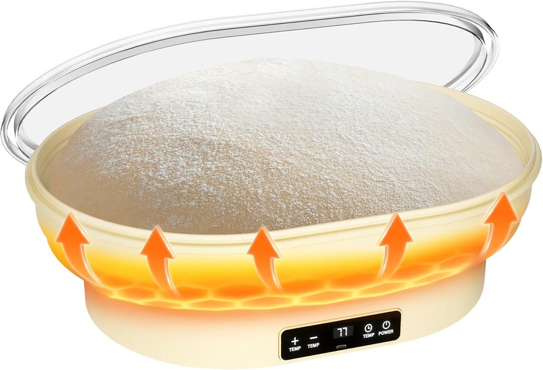 2L Heating Sourdough Bread Proofing Basket  11" Oval Silicone Banneton with Upgraded Timer & 6 Temperature Settings (77122F), Foldable Bowl for Dough Rising