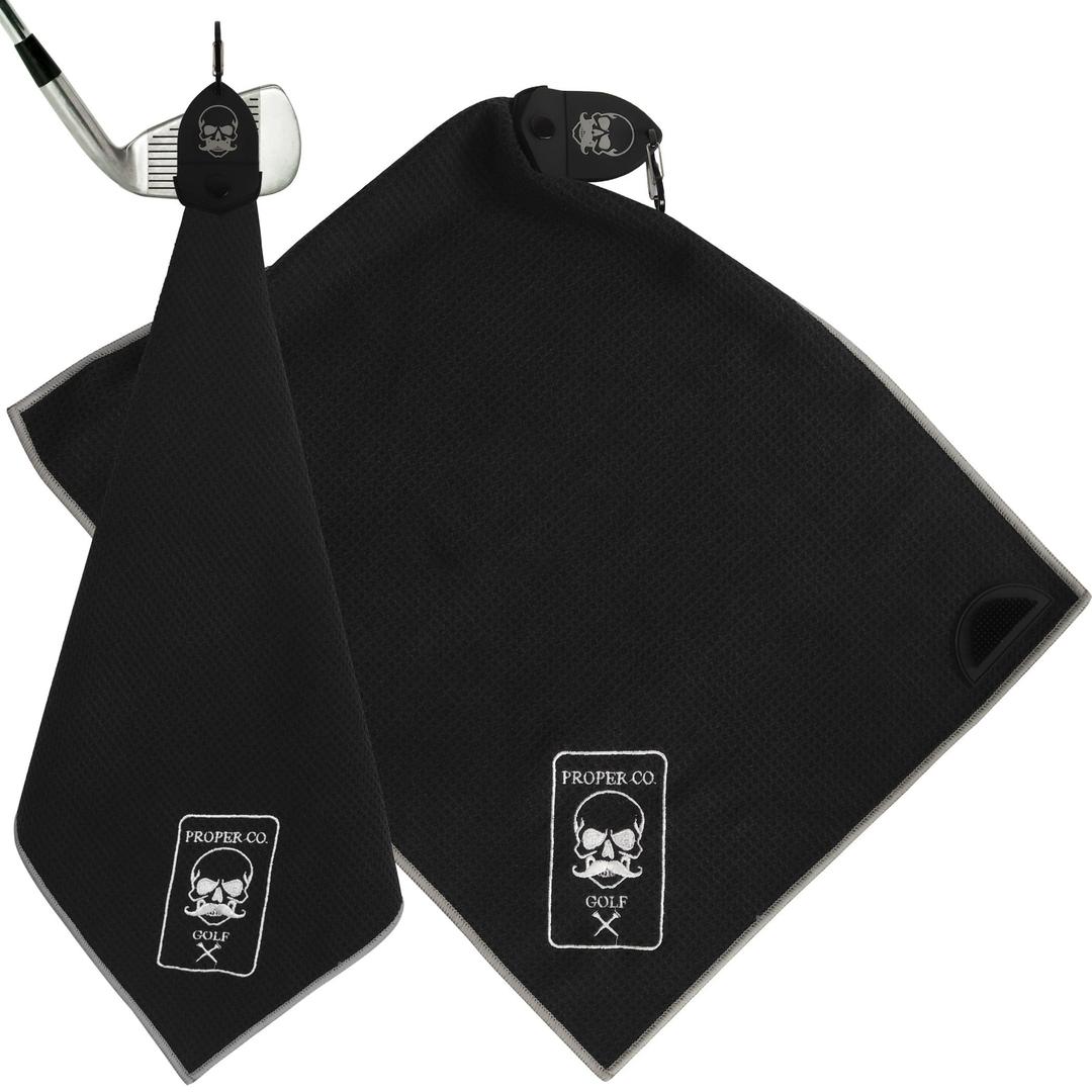 Proper Company Golf Magnetic Golf Towel (Black) Microfiber Golf Towel | Ultra Absorbant Waffle Pattern | Extra Strong Magnet for Golf Cart or Clubs