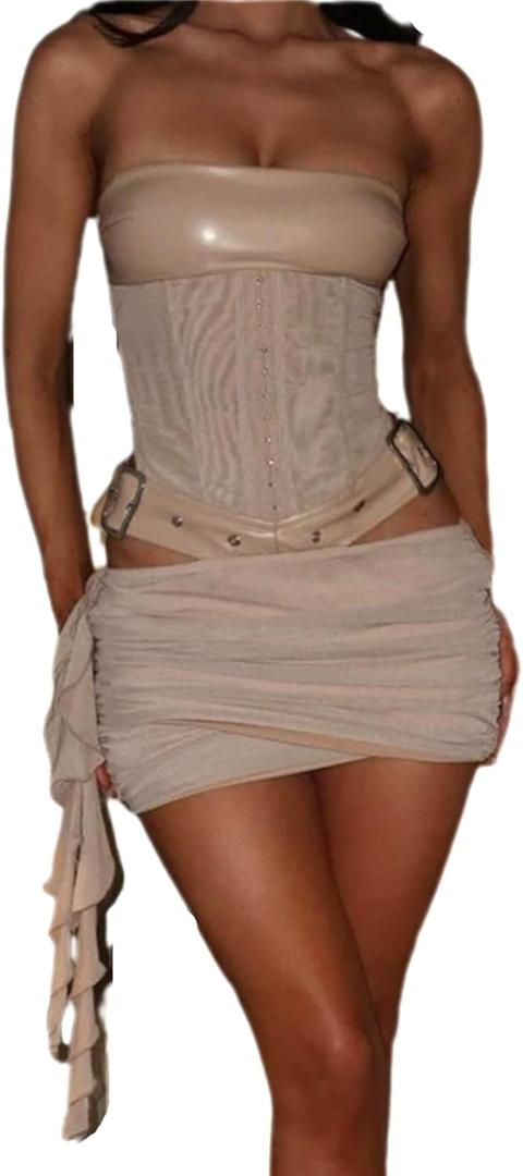 Sexy Two Piece Outfits for Women Off the Shoulder Leather Tube Top High Waist Ruched Mini Skirt Set Vacation Outfits (Small, Khaki)